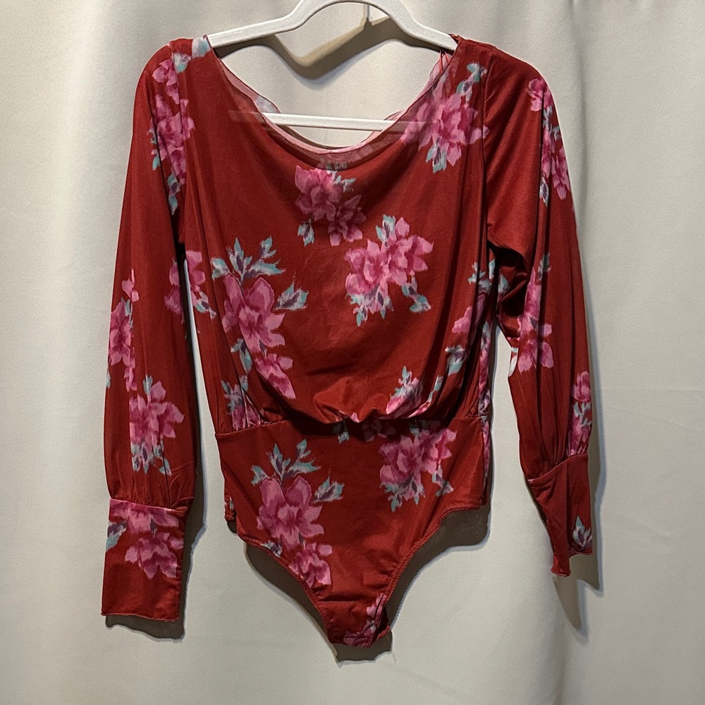 Free People Red and Pink Floral Bodysuit
